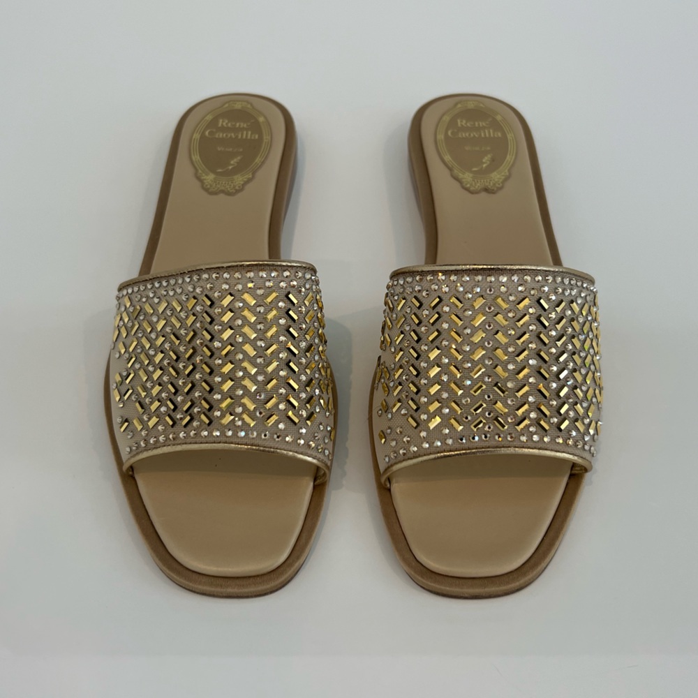 RENE CAOVILLA GOLD CRYSTAL SANDALS SIZE IT 37.5 / US 7.5 NWOTS!